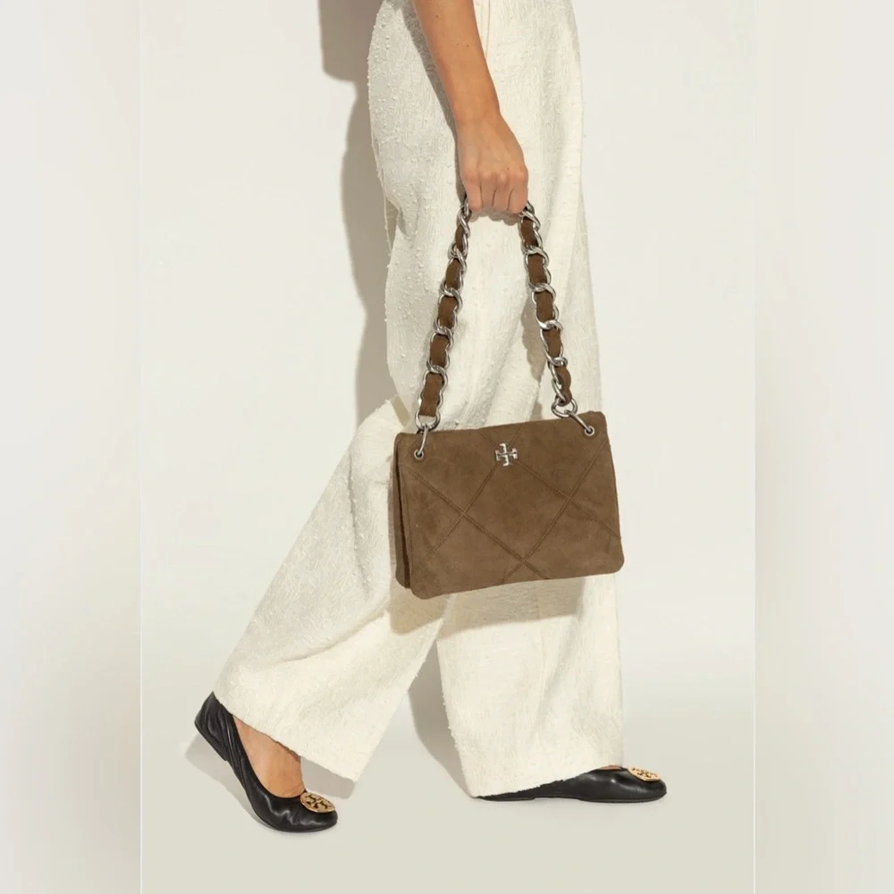 Tory Burch Kira Small Diamond-Quilted Suede Shoulder Bag - Deep Olive